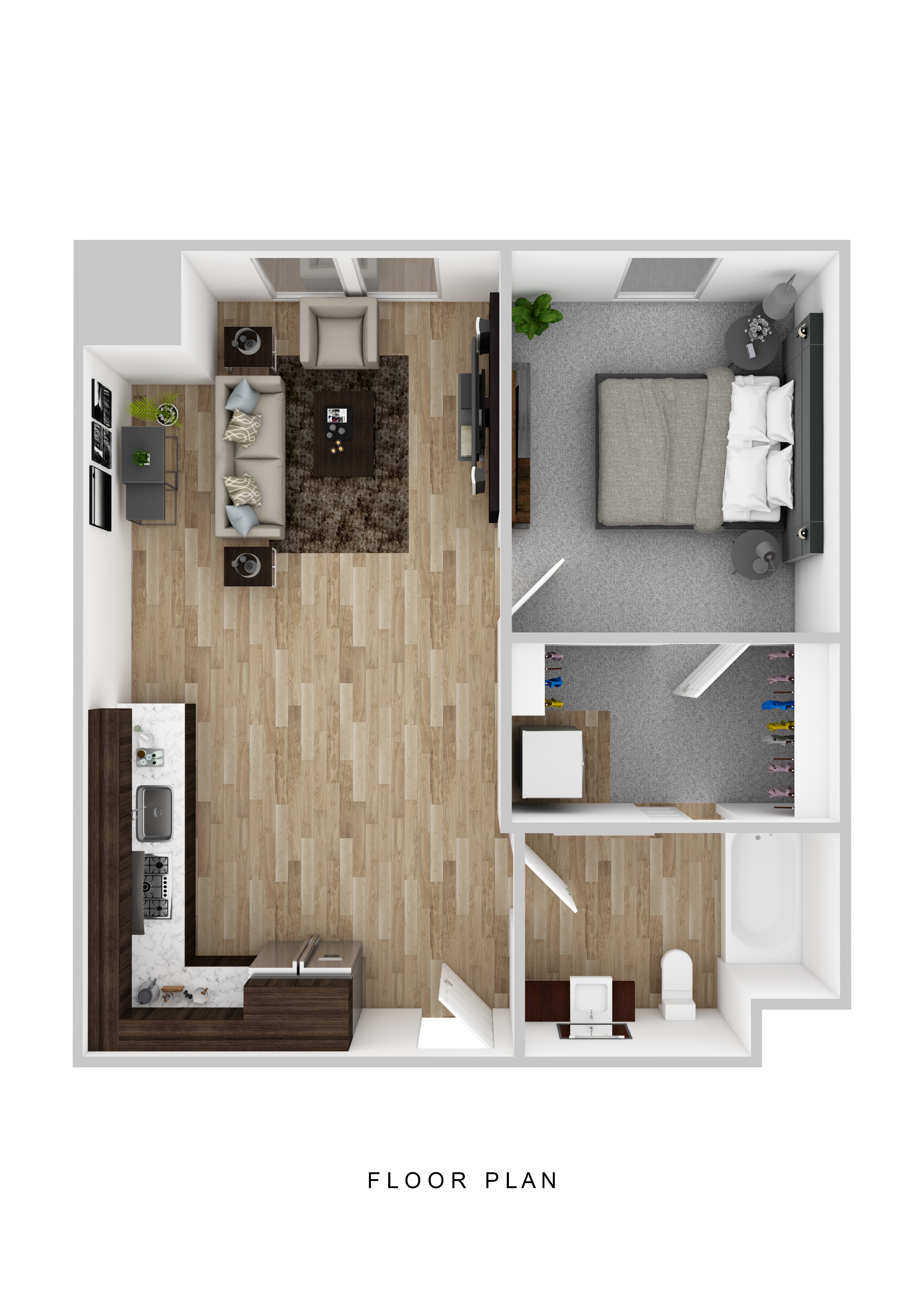 Floor plan for 1 bed, 1 bath, 645 sqft